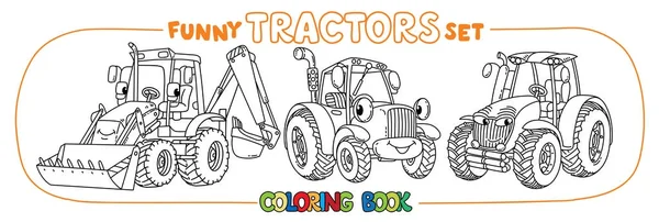 Funny small tractor set with eyes. Coloring book — Stock Vector