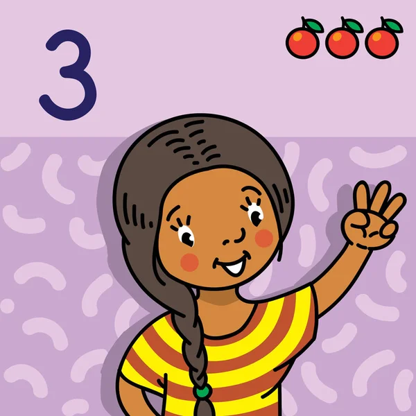計数教育カードの手によって 3 を示している女の子 — ストックベクタ