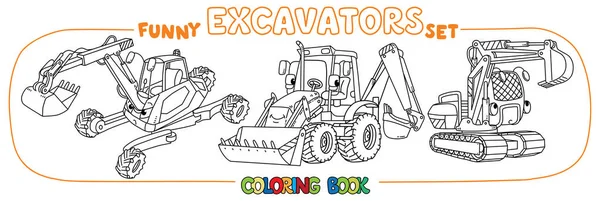 Conjunto de excavadoras de constucción divertido. Libro para colorear — Vector de stock