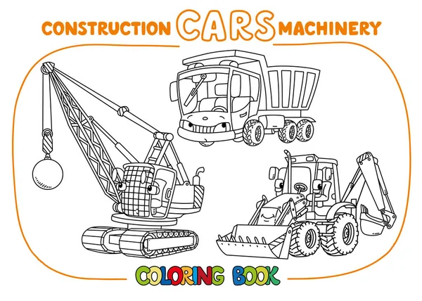 Carros de construção engraçados definidos. Livro para colorir — Vetor de Stock