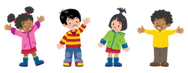 Çocuklar. 4 çocuk, kız ve erkek gülümseyen kümesi