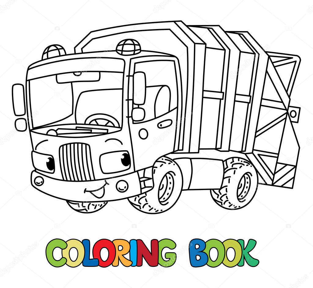 Funny garbage truck car with eyes. Coloring book