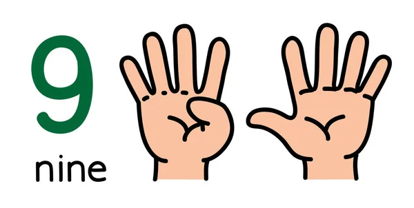 9. Mano dei bambini che mostra il segno della mano numero nove. — Vettoriale Stock
