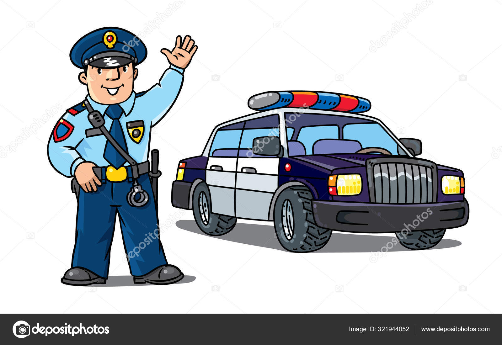 Policeman in uniform and police car. Cartoon set Stock Vector by