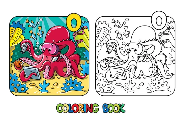 Octopus océanographe ABC livre à colorier Alphabet O — Image vectorielle