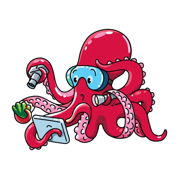 Octopus oceanographer ABC Funny animals alphabet O — Stock Vector