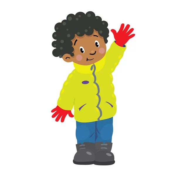 Funny little african boy in winter clothes. — Stock Vector