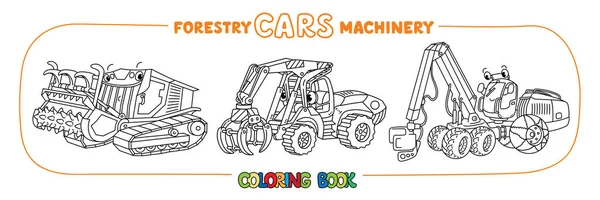 Forestry machinery cars with eyes coloring set — Stock Vector