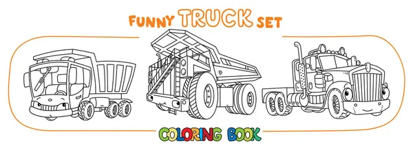 Coches pesados divertidos del camión con los ojos Conjunto de libros para colorear — Vector de stock