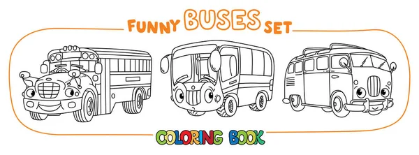 Rolig vintage bussar med ögon. Coloring book set — Stock vektor