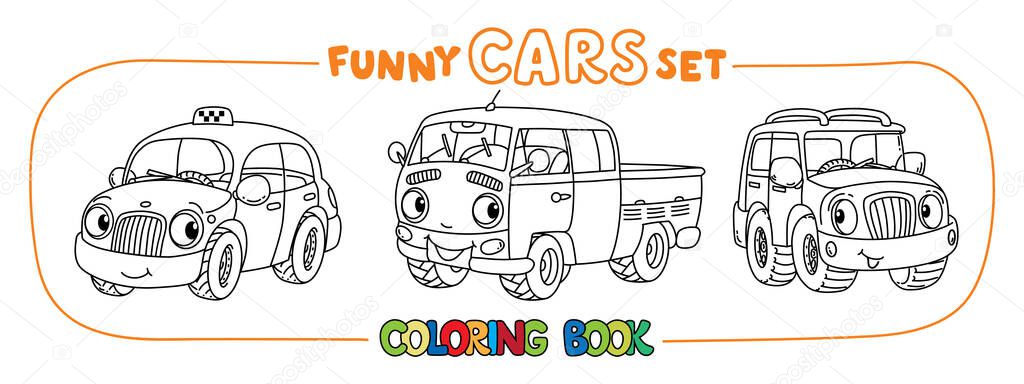 Funny small city cars with eyes. Coloring book set