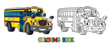 Gözleri olan küçük bir okul otobüsü. Boyama kitabı