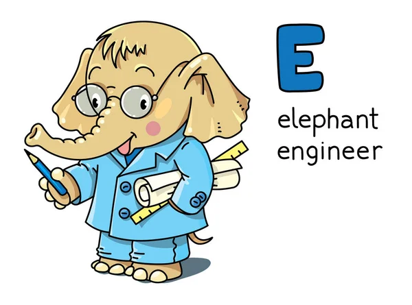 Elephant ingenieur. Dieren en beroep Abc. Alfabet E — Stockvector