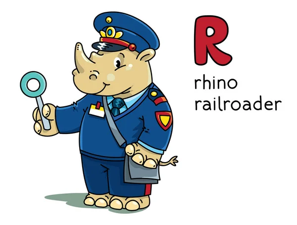 Rhino railroader Animals profession ABC Alphabet R — Stock Vector