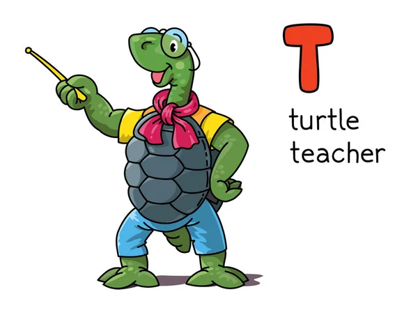 Turtle teacher. Animals profession ABC. Alphabet T — Stock Vector