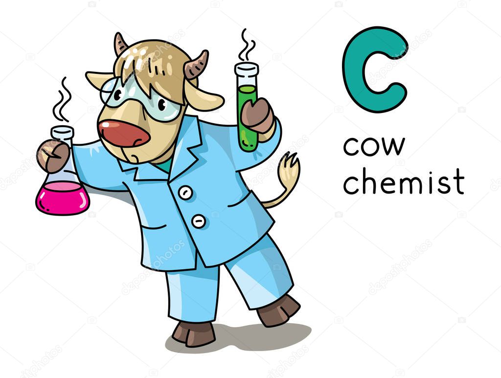 Cow chemist. Animals profession ABC. Alphabet C