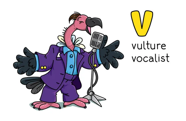 Lucu vulture penyanyi atau vokalis. ABC. Alfabet V - Stok Vektor