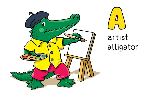 鳄鱼的艺术家 孩子们在帽子里画了一个小滑稽鳄鱼的向量图 字母A为儿童 动物与职业Abc — 图库矢量图片