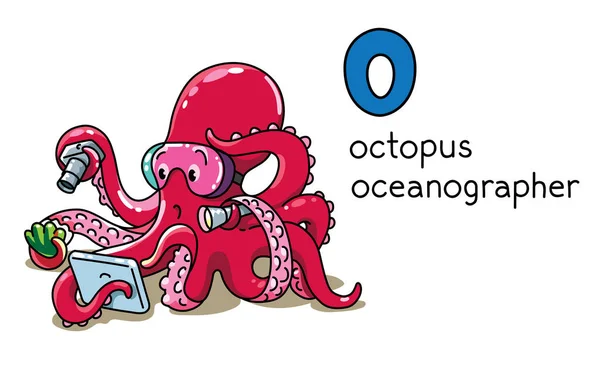 Pulpo oceanógrafo ABC Animales divertidos alfabeto O — Vector de stock
