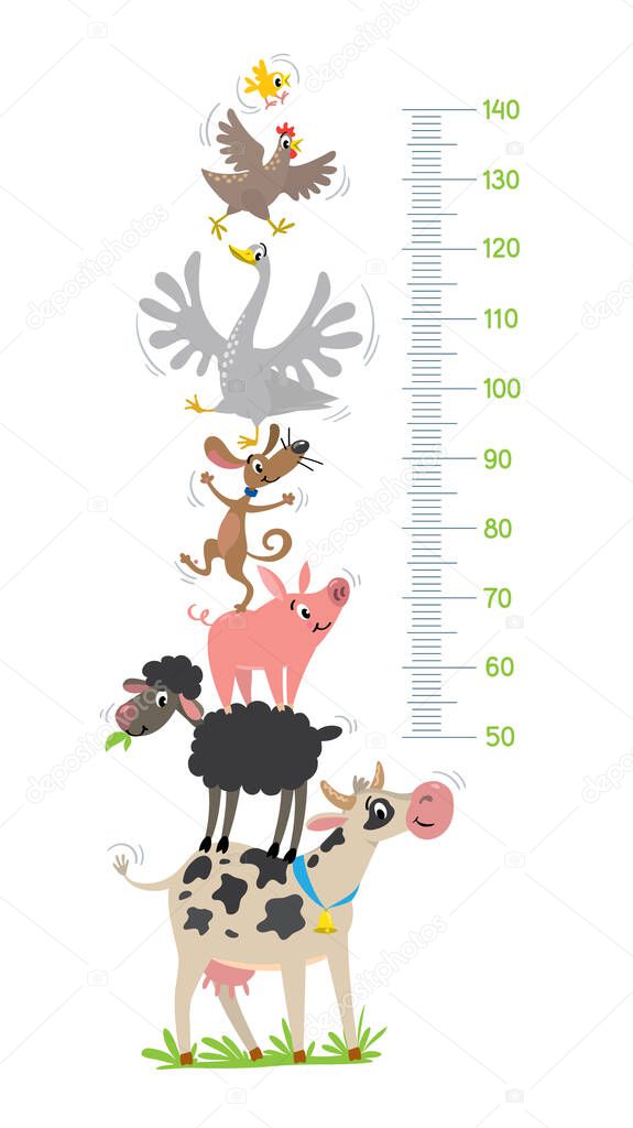 Farm animals. Height chart or meter wall or wall sticker. Cow, sheep, pig, dog, goose, hen and chicken. Children vector illustration with scale 50 to 140 cm to measure growth for kids room.
