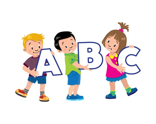 Kinder gesetzt. Lächelnd drei Kinder mit Buchstaben abc — Stockvektor