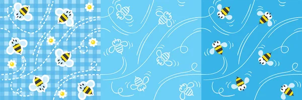 Płynny wzór lub zestaw tła z zabawnymi pszczołami — Wektor stockowy