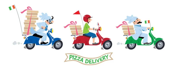 Chef de pizza engraçado em scooter. Conjunto de logotipo de entrega de pizza —  Vetores de Stock