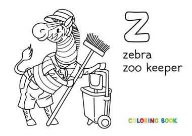 Zebra hayvanat bahçesi bakıcısı boyama kitabı. Hayvan Alfabesi Z