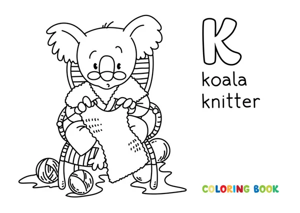 Koala oso tejedor ABC libro para colorear. Alfabeto K — Vector de stock