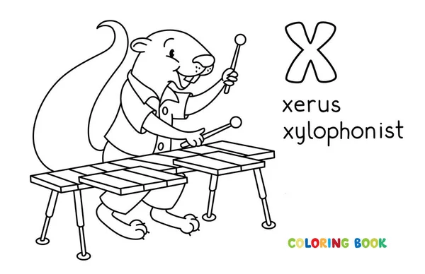 Xerus xilofonista ABC libro para colorear. Alfabeto X — Vector de stock