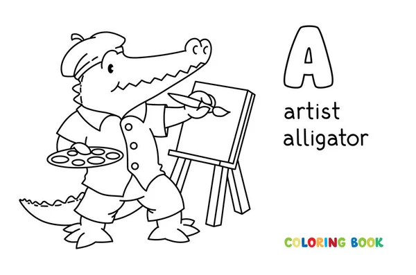 Livro de colorir artista jacaré. Alfabeto animal A — Vetor de Stock