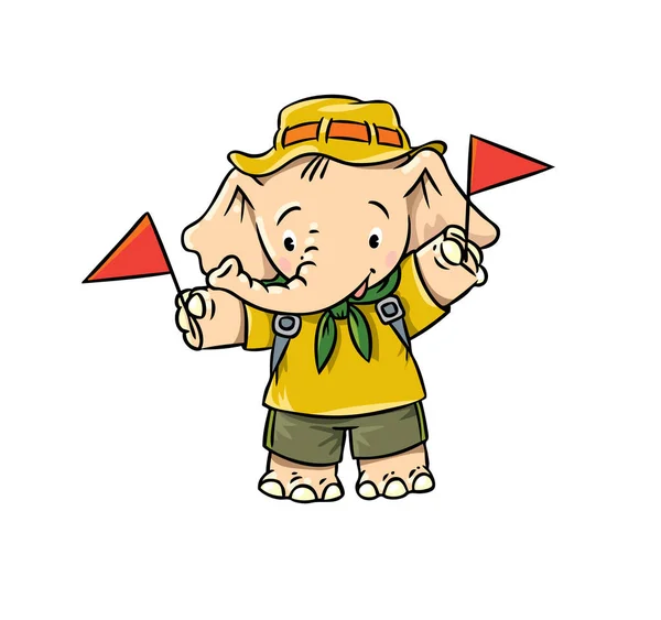 Little baby elephant waving by flags. Scout camp — Stockvector