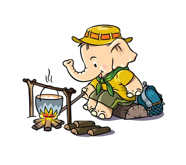 Pequeño elefante bebé cerca de una fogata. Campamento Scout — Vector de stock