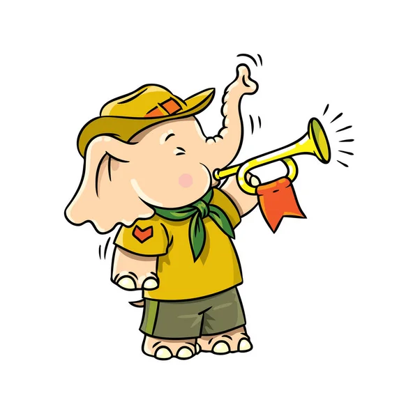 Pequeño elefante bebé sopla una corneta. Campamento Scout — Vector de stock