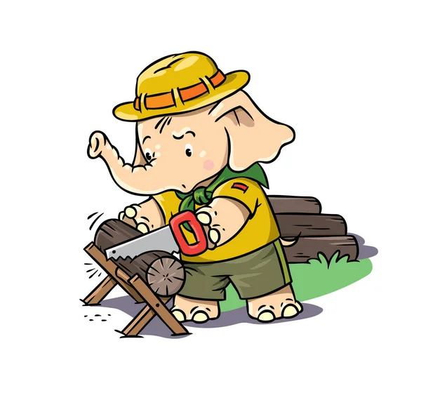El pequeño elefante sierra madera. Campamento Scout — Vector de stock