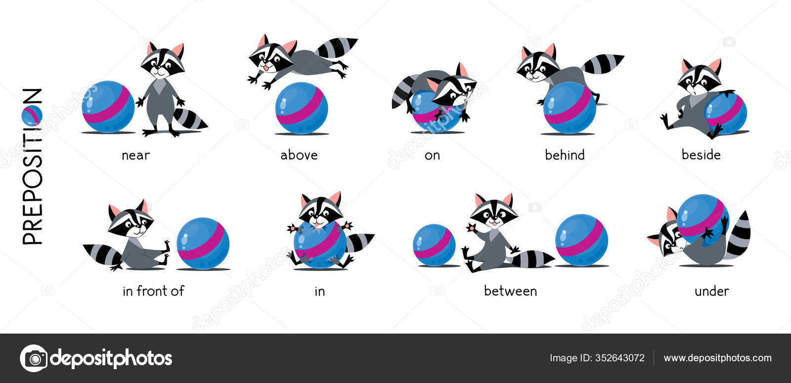 Preposition of place set. Raccoon and ball Stock Vector Image by  ©passengerz #352643072