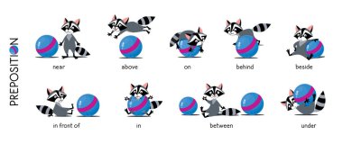 Preposition of place set. Raccoon and ball clipart