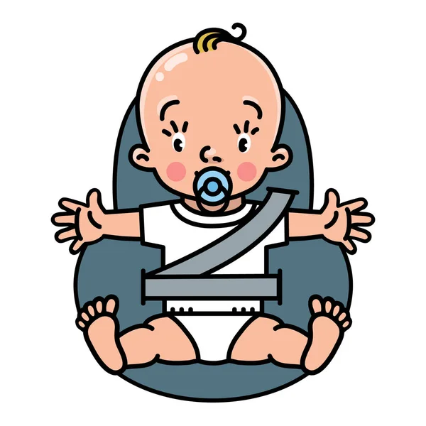 Bebé en el asiento del coche con cinturón de seguridad. Icono del vector — Vector de stock