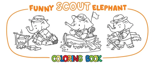 Pequeño elefante bebé. Scout campamento libro para colorear conjunto — Vector de stock