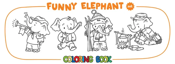 Engraçado bebê elefante quatro conjunto de livros para colorir —  Vetores de Stock