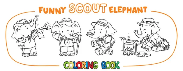Pequeño elefante bebé. Scout campamento libro para colorear conjunto — Vector de stock