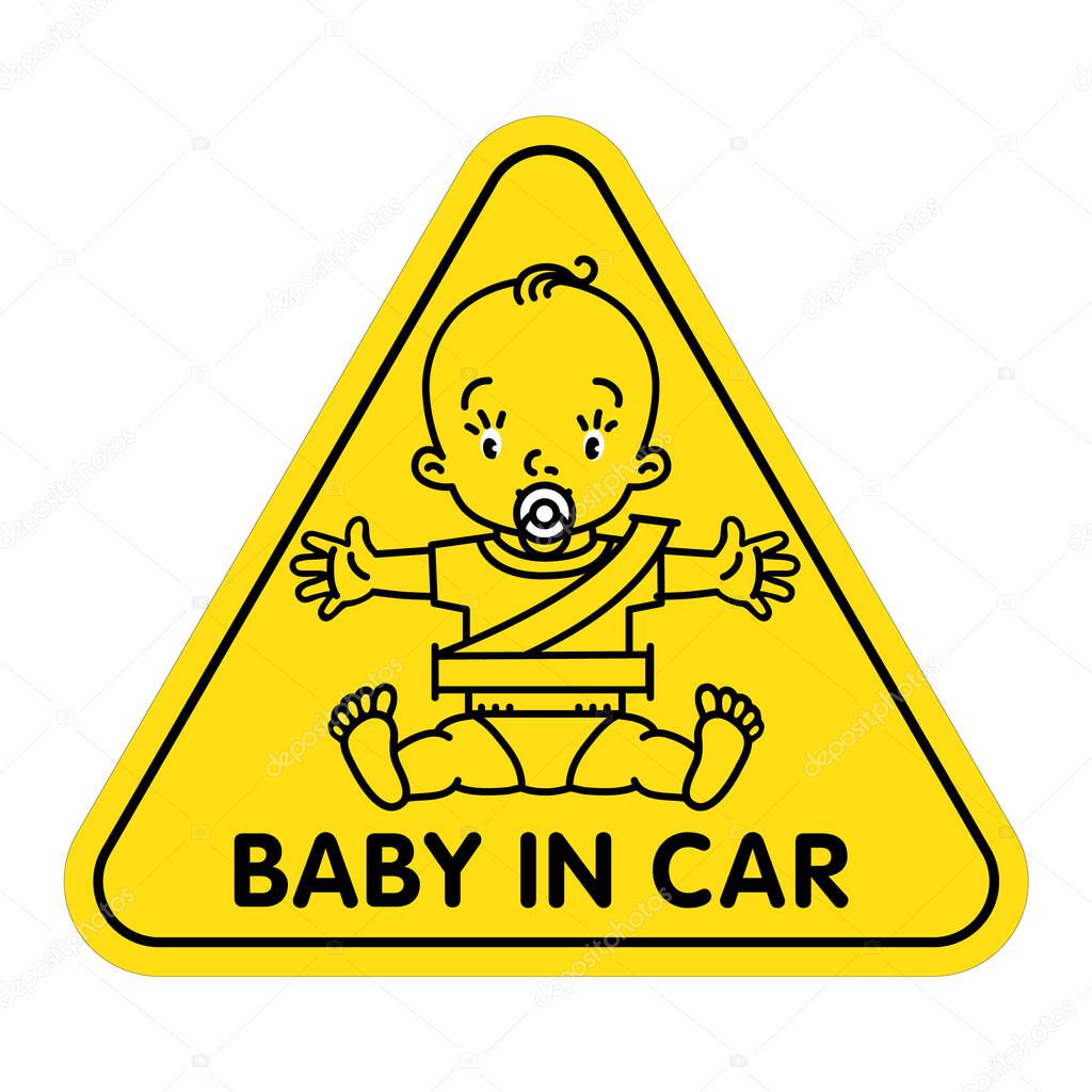 Baby in car. Funny small child, boy or girl with open arms. Seat belt. The sticker on the back window of the automobile. Children vector illustration with text. Baby on board
