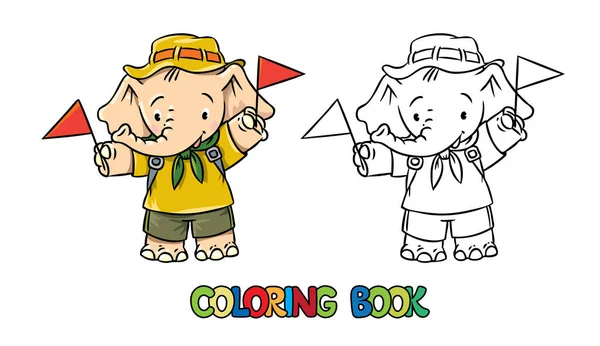 Pequeño elefante bebé. Scout campamento para colorear libro — Vector de stock