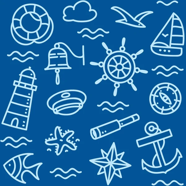 海をテーマに 海軍のシームレスな子供のベクトルの背景や海の属性 ヨットや灯台 波とカモメとパターン — ストックベクタ