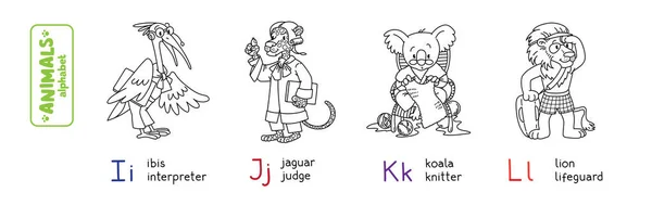 Animals Professions Abc Coloring Book Funny Ibis Interpreter Jaguar Judge — Stock Vector