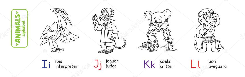 Animals with professions ABC. Coloring book of funny ibis interpreter, jaguar judge, koala knitter and lion lifeguard. Children vector illustration. Alphabet I, J, K, L for kids