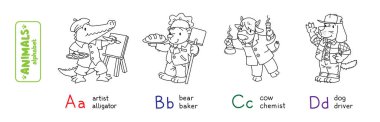 ABC mesleği olan hayvanlar. Komik Timsah ressamının, ayı fırıncısının, inek kimyagerinin ve köpek sürücüsünün boyama kitabı. Çocuk vektör çizimi. Çocuklar için A, B, C, D alfabesi