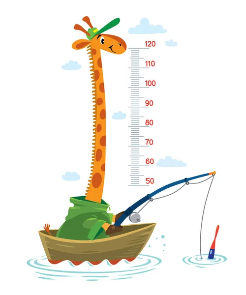 有趣的长颈鹿渔夫或渔民穿着外套 头戴帽子 坐在海里的渔船上 高程图表或仪表墙或墙壁贴纸 用50 120厘米的比例尺来说明儿童病媒 以衡量生长情况 — 图库矢量图片
