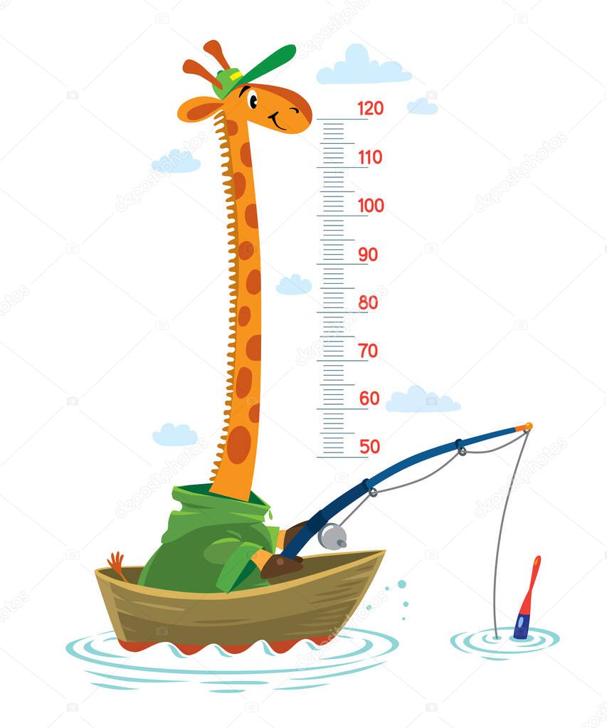Funny giraffe fisherman or fisher in coat and cap in a fishing boat in the sea. Height chart or meter wall or wall sticker. Children vector illustration with scale 50 to 120 cm to measure growth