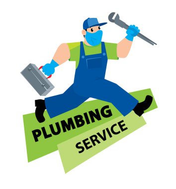 Aletleri olan komik tamirci ya da tesisatçı çalışıyor. Teknik servis. Vektör çizimi. Tıbbi maskeli ve eldivenli çizgi film karakteri, virüslerden korunuyor.